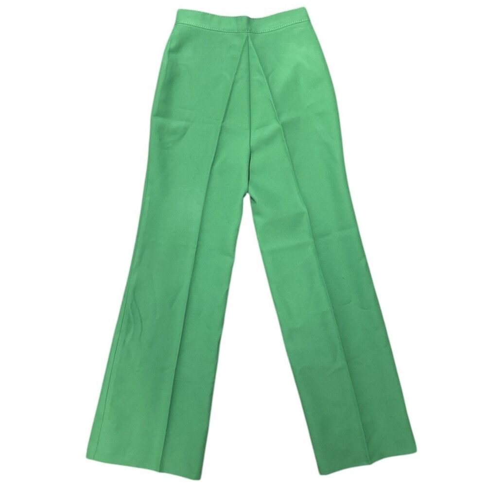Vintage 60s 70s Pants Kelly Green High Waist Flares Side Leg 27 Retro Disco Mod - Picture 2 of 8